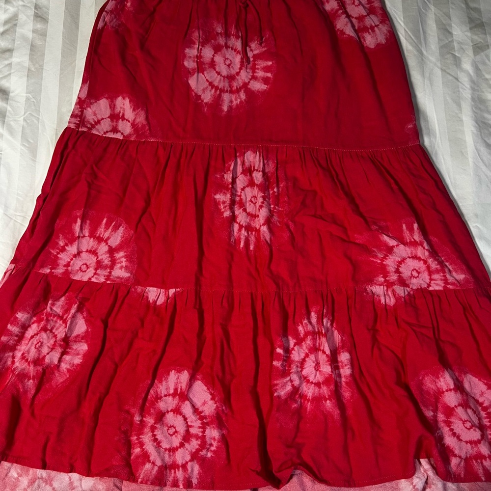 Knox Rose Women's Tiered Maxi Skirt Island Red Tie Dye EUC Medium Boho Hippie
